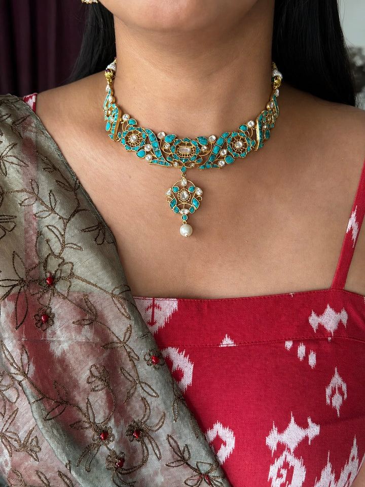 Handmade Jadau Turquoise Necklace Set | Brass Gold Polish | SHIVKA