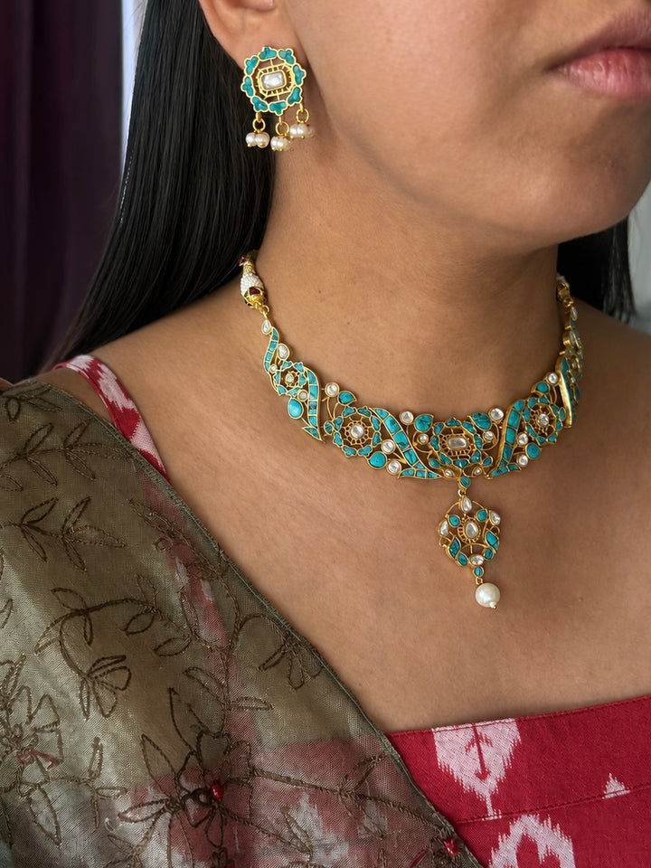 Handmade Jadau Turquoise Necklace Set | Brass Gold Polish | SHIVKA