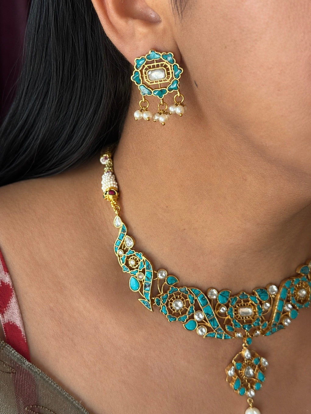Handmade Jadau Turquoise Necklace Set | Brass Gold Polish | SHIVKA