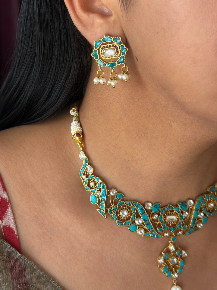 Handmade Jadau Turquoise Necklace Set | Brass Gold Polish | SHIVKA