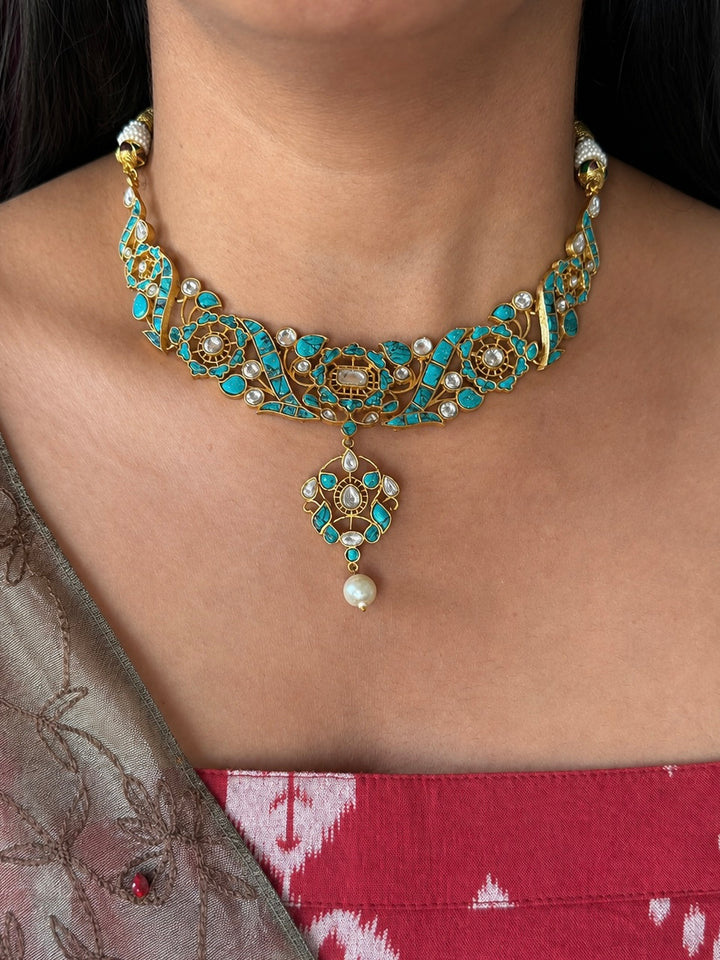 Handmade Jadau Turquoise Necklace Set | Brass Gold Polish | SHIVKA