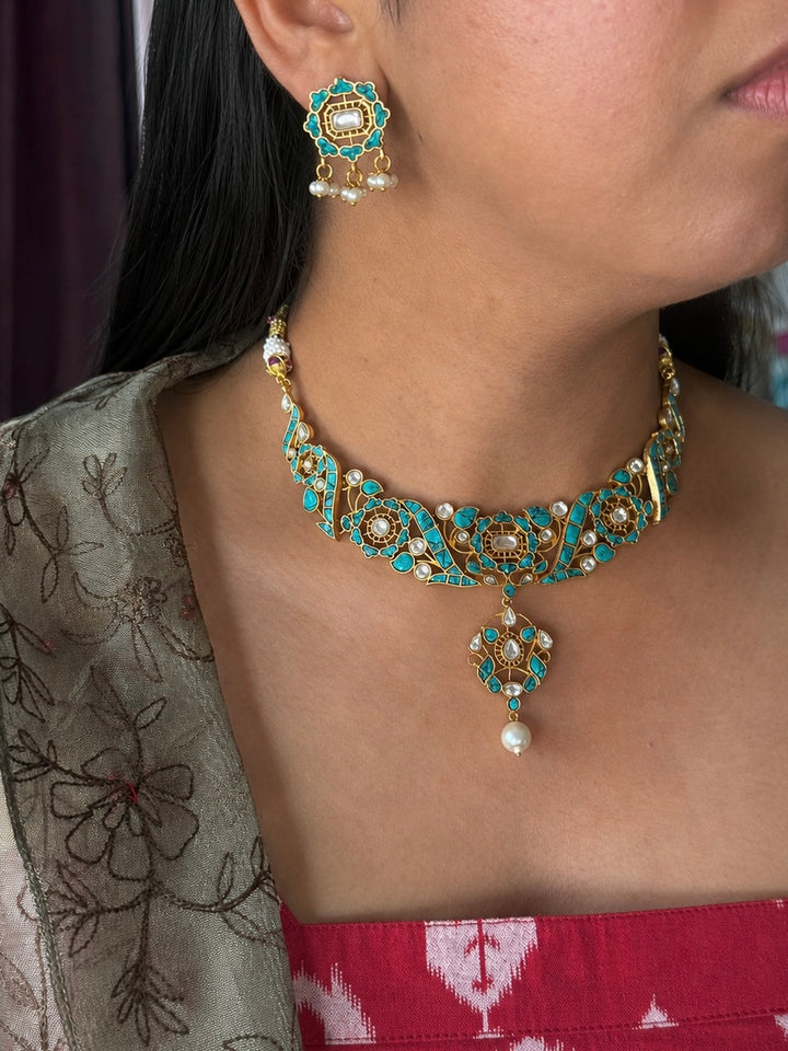 Handmade Jadau Turquoise Necklace Set | Brass Gold Polish | SHIVKA