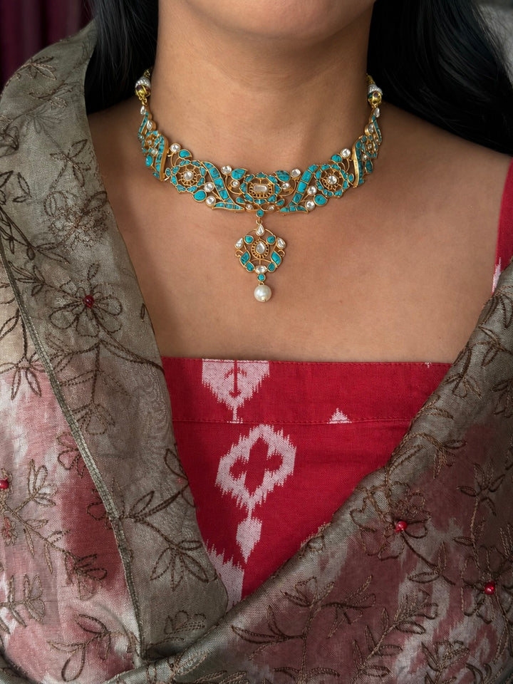 Handmade Jadau Turquoise Necklace Set | Brass Gold Polish | SHIVKA