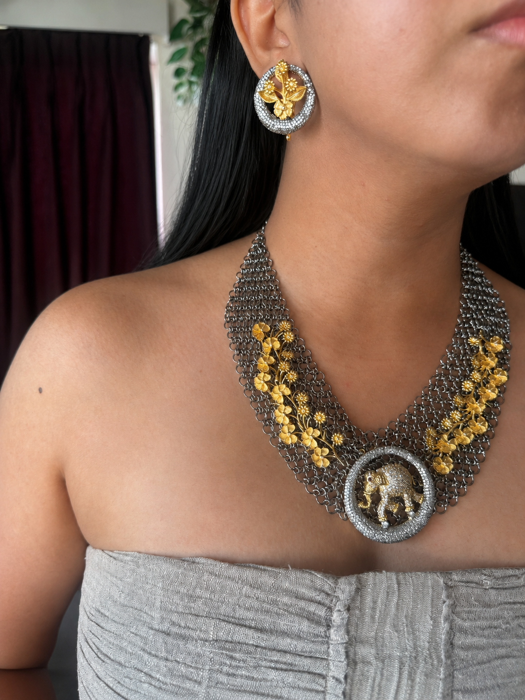 Handmade Elephant Designer Necklace Set | Dual Tone Gold & Black | SHIVKA