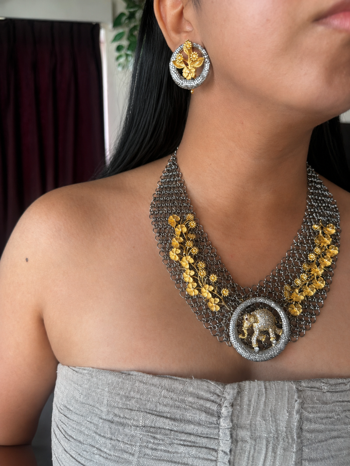 Handmade Elephant Designer Necklace Set | Dual Tone Gold & Black | SHIVKA