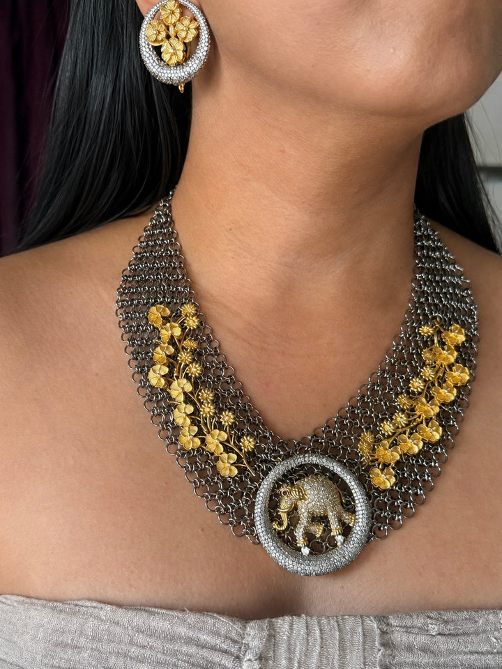 Handmade Elephant Designer Necklace Set | Dual Tone Gold & Black | SHIVKA