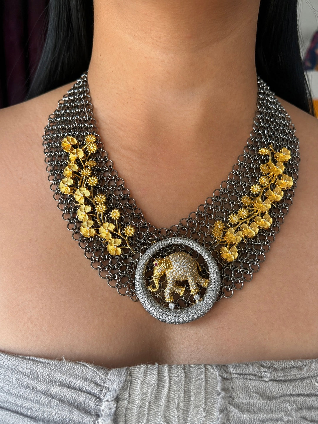 Handmade Elephant Designer Necklace Set | Dual Tone Gold & Black | SHIVKA