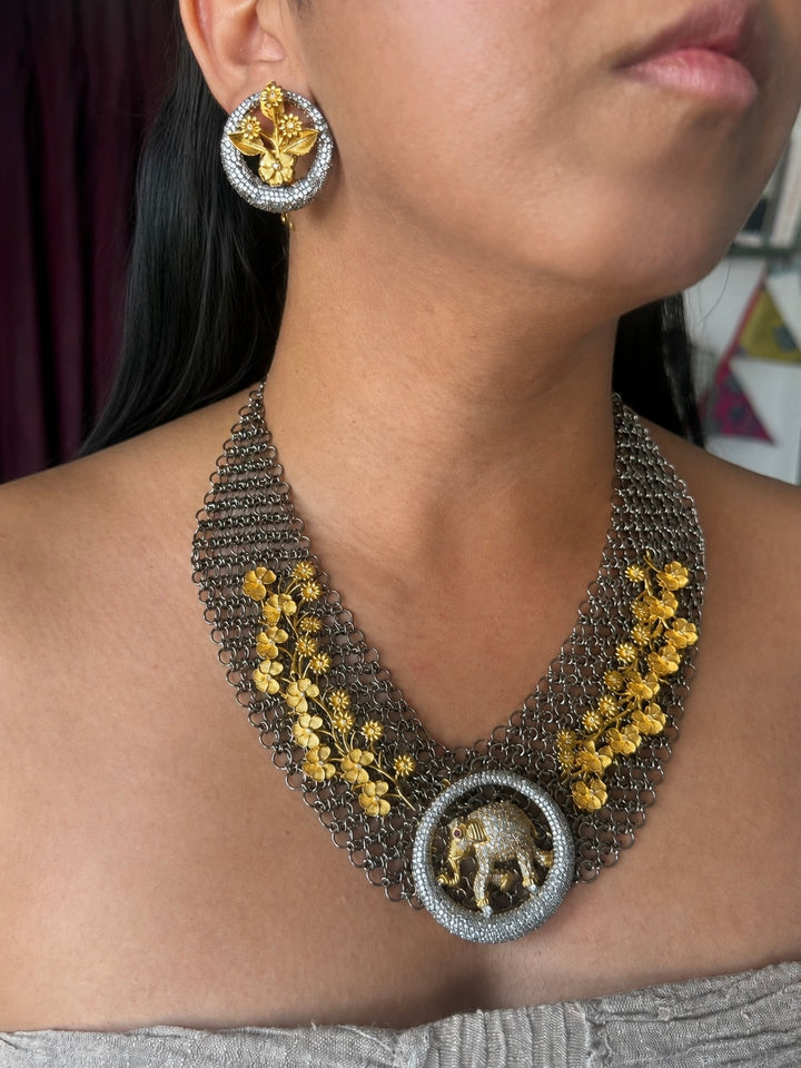 Handmade Elephant Designer Necklace Set | Dual Tone Gold & Black | SHIVKA