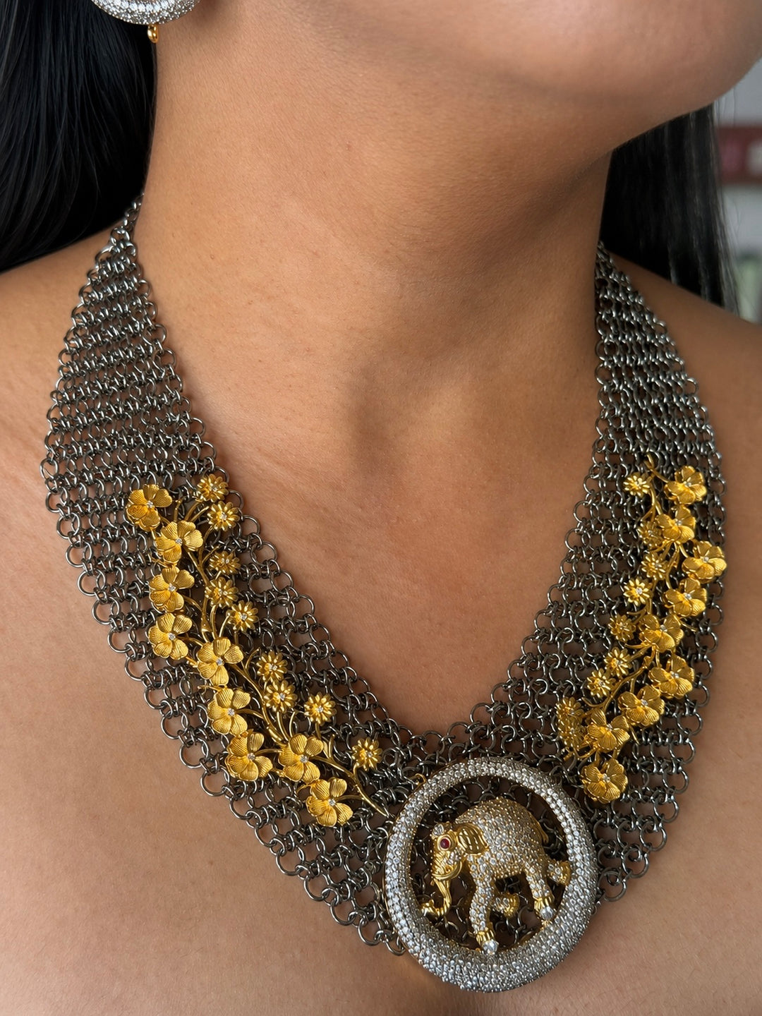 Handmade Elephant Designer Necklace Set | Dual Tone Gold & Black | SHIVKA