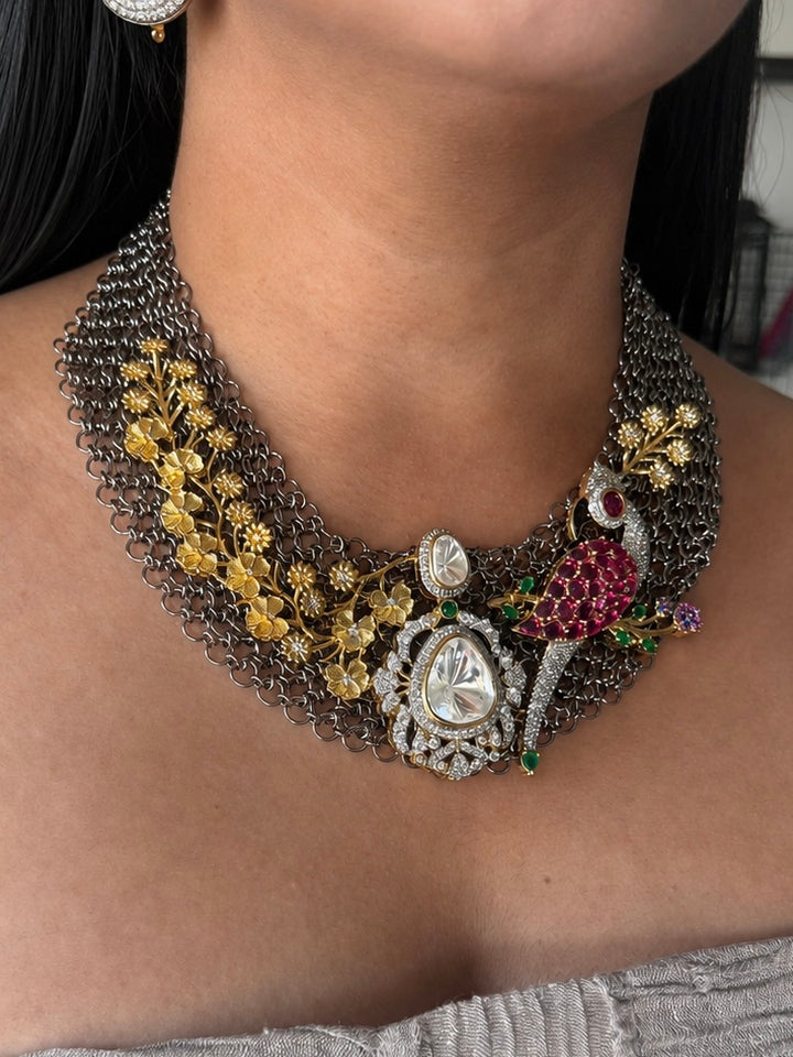 Handmade Bird Designer Necklace Set | Gold & Black Rhodium | SHIVKA