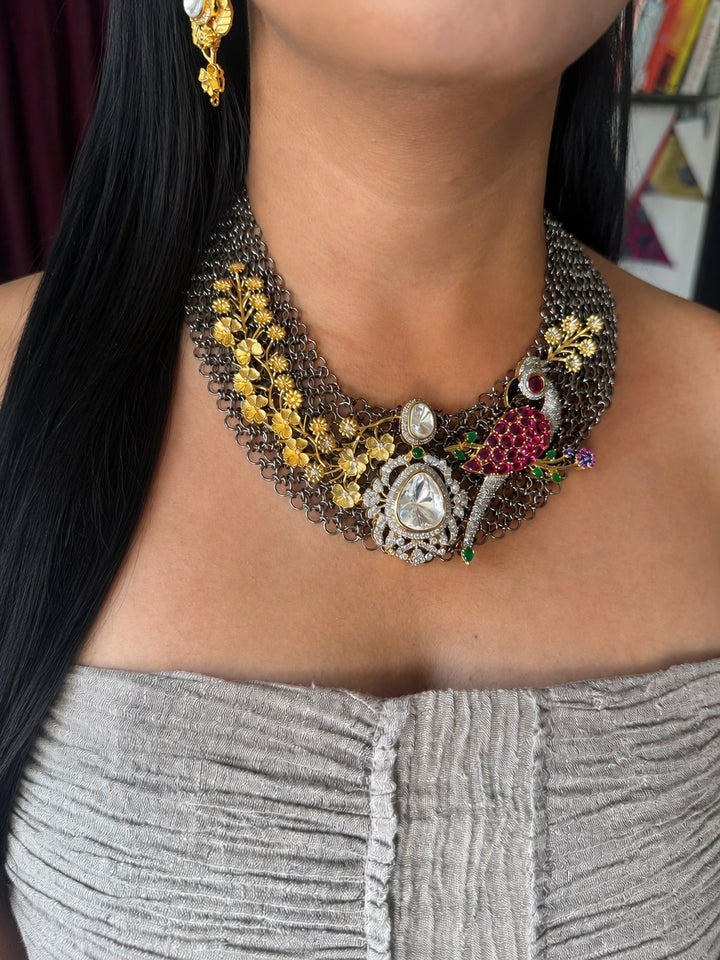 Handmade Bird Designer Necklace Set | Gold & Black Rhodium | SHIVKA