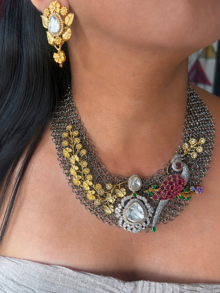 Handmade Bird Designer Necklace Set | Gold & Black Rhodium | SHIVKA