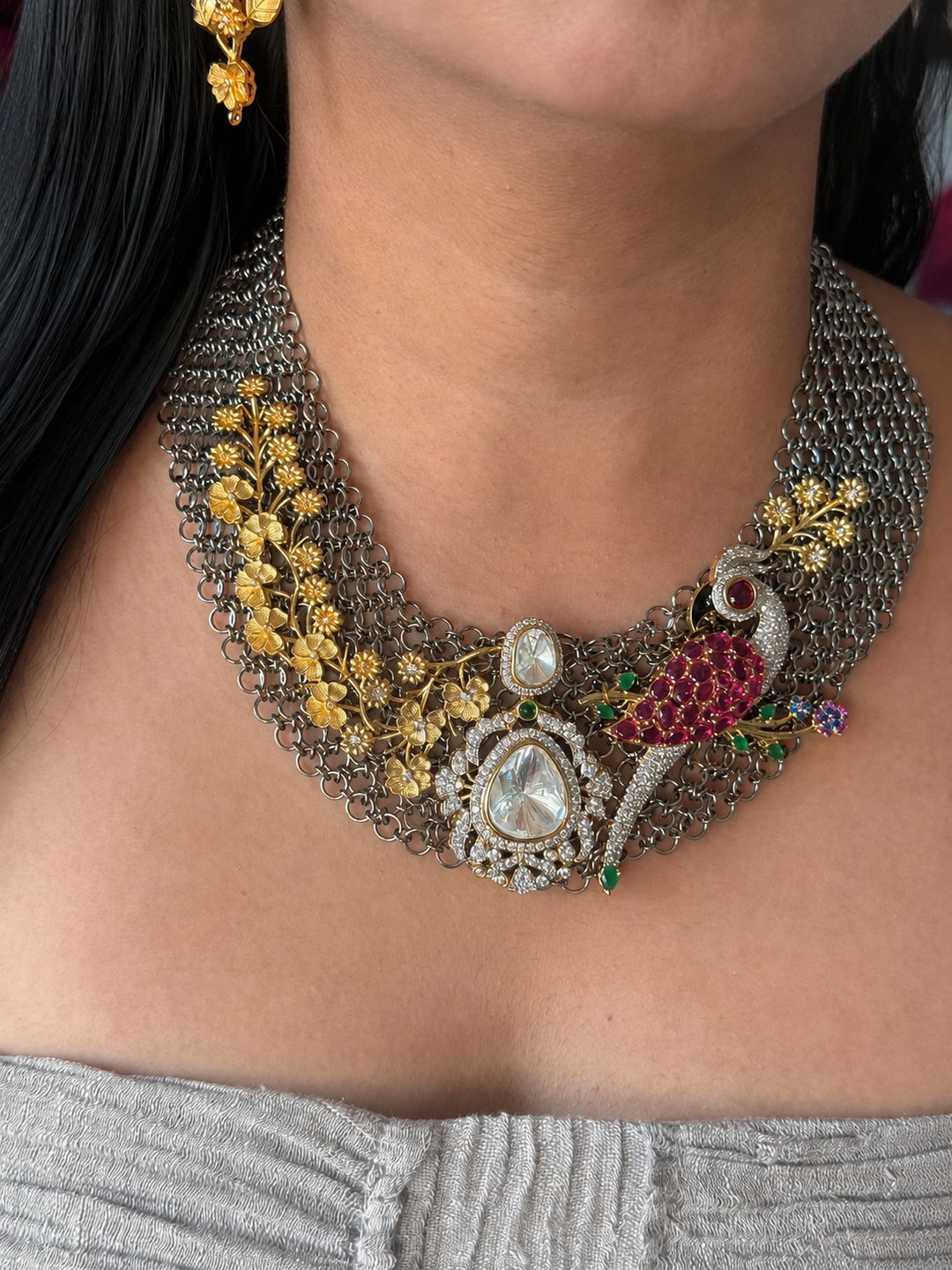 Handmade Bird Designer Necklace Set | Gold & Black Rhodium | SHIVKA
