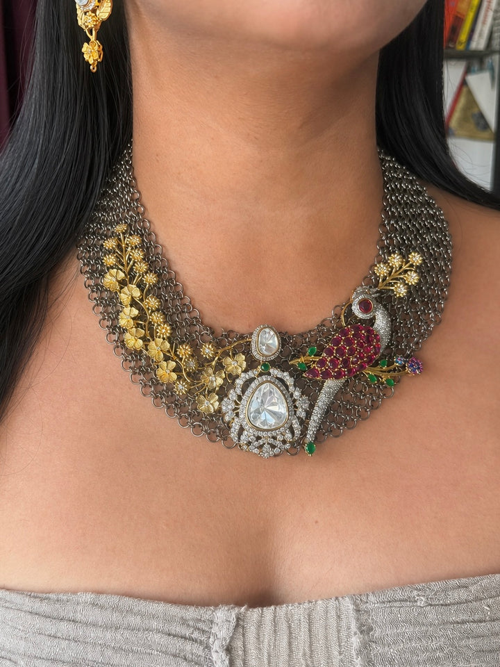 Handmade Bird Designer Necklace Set | Gold & Black Rhodium | SHIVKA