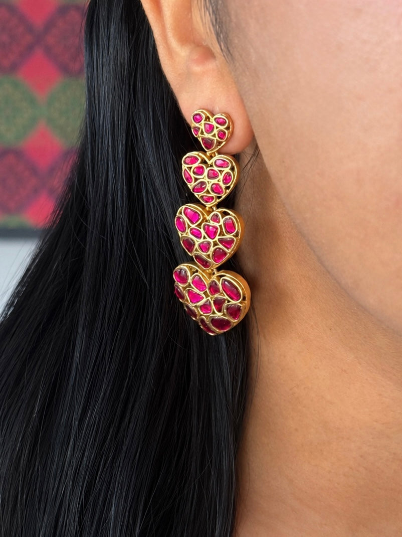 Handmade Jadau Heart Earrings | Gold Polish | SHIVKA