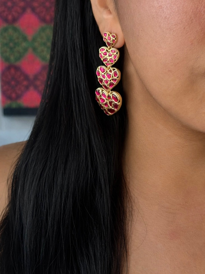 Handmade Jadau Heart Earrings | Gold Polish | SHIVKA