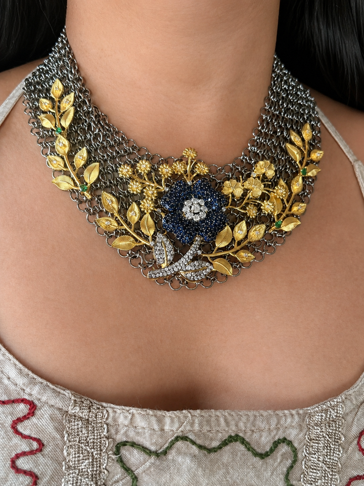Handmade Floral Designer Necklace Set | Gold & Black Rhodium | SHIVKA