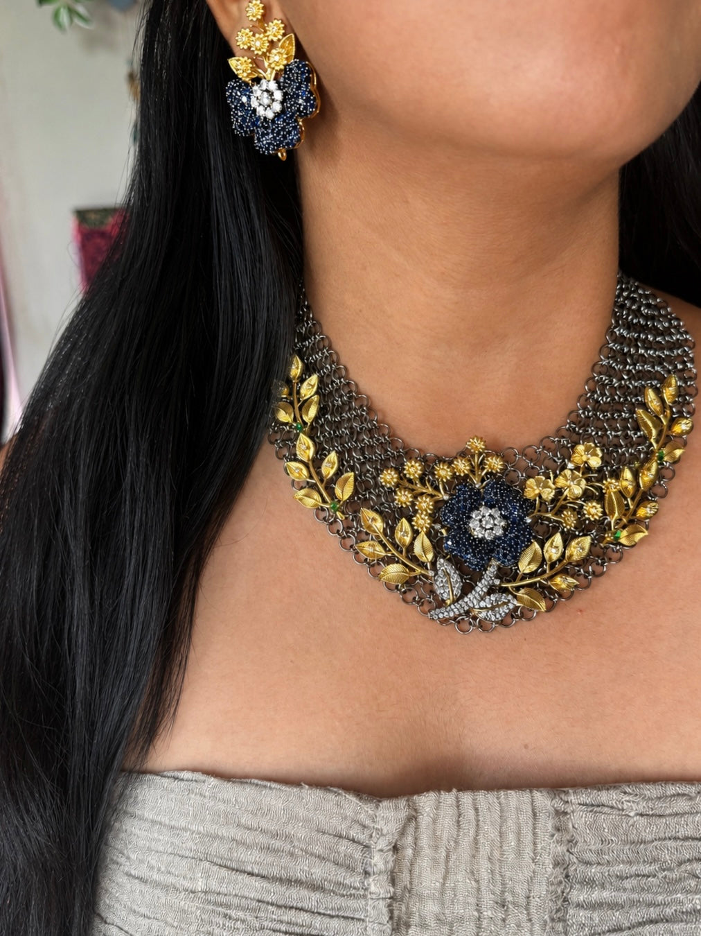 Handmade Floral Designer Necklace Set | Gold & Black Rhodium | SHIVKA