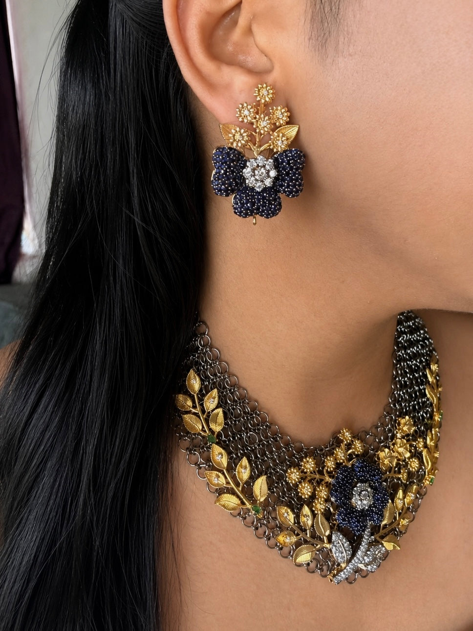 Handmade Floral Designer Necklace Set | Gold & Black Rhodium | SHIVKA