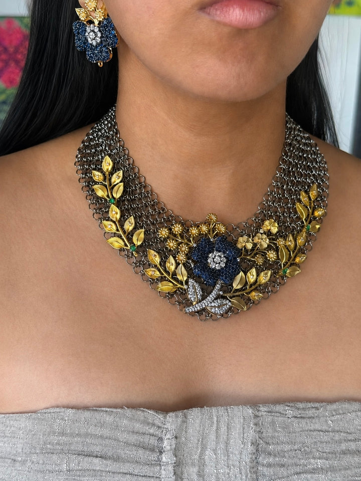 Handmade Floral Designer Necklace Set | Gold & Black Rhodium | SHIVKA