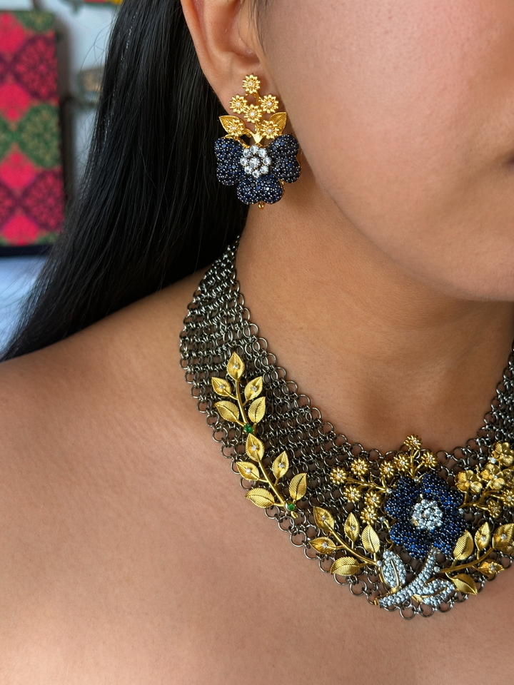 Handmade Floral Designer Necklace Set | Gold & Black Rhodium | SHIVKA