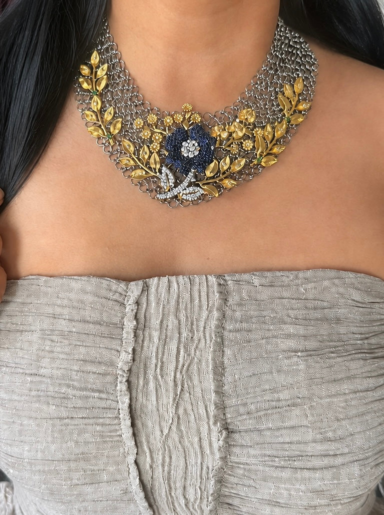 Handmade Floral Designer Necklace Set | Gold & Black Rhodium | SHIVKA