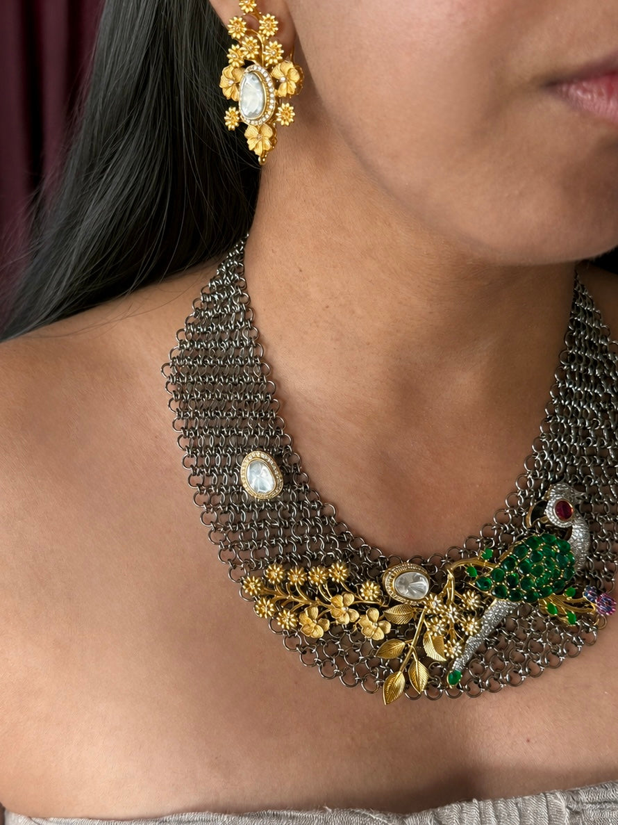 Handmade Bird Designer Necklace Set | Gold & Black Rhodium | SHIVKA