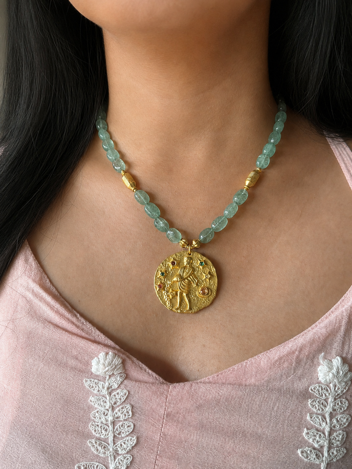 Handmade Aquarius Pendant Necklace with Natural Aventurine | Gold Polish Brass Zodiac Jewelry