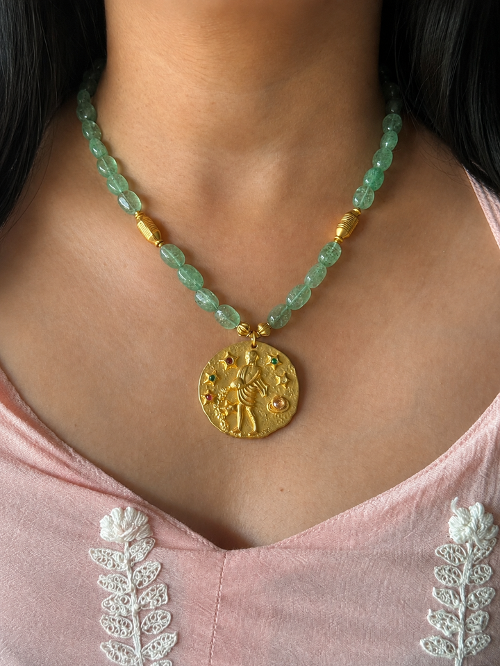 Handmade Aquarius Pendant Necklace with Natural Aventurine | Gold Polish Brass Zodiac Jewelry