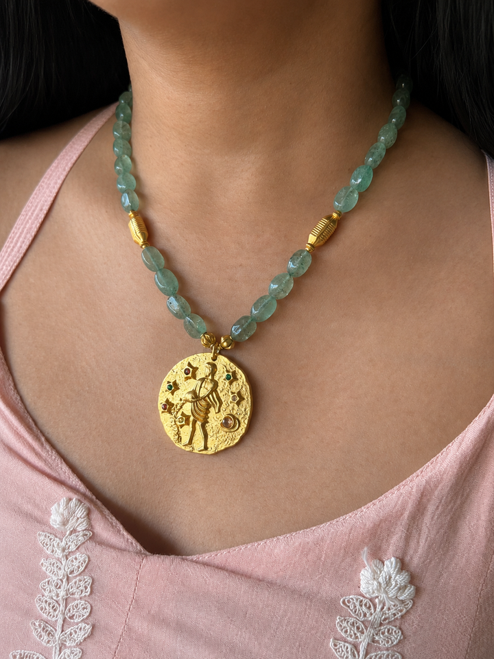 Handmade Aquarius Pendant Necklace with Natural Aventurine | Gold Polish Brass Zodiac Jewelry