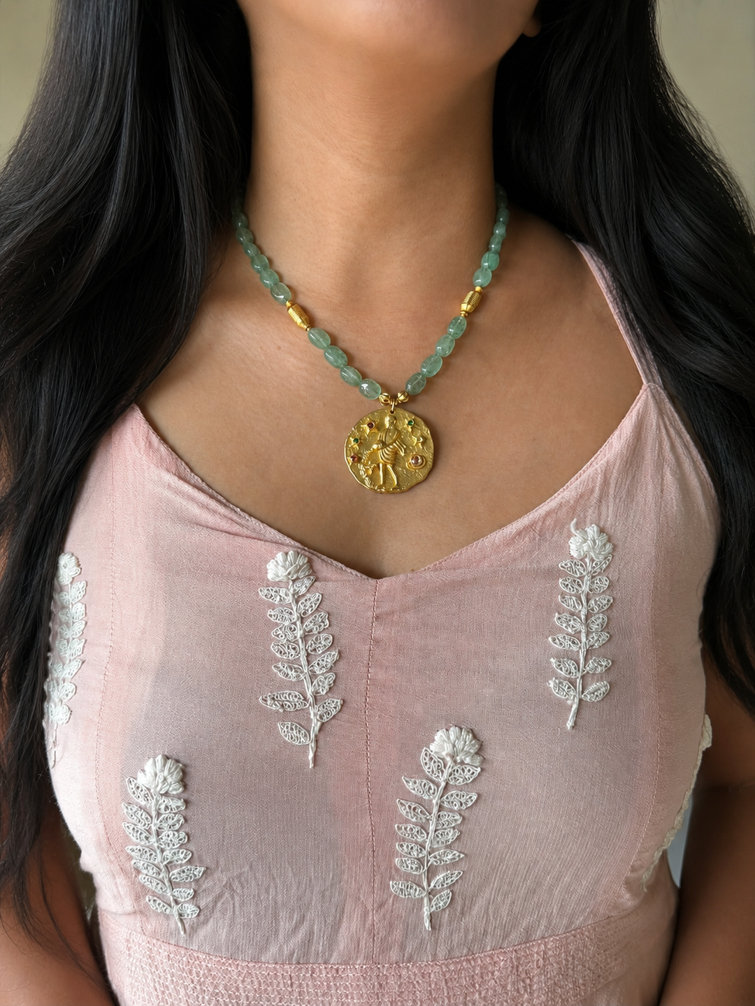 Handmade Aquarius Pendant Necklace with Natural Aventurine | Gold Polish Brass Zodiac Jewelry