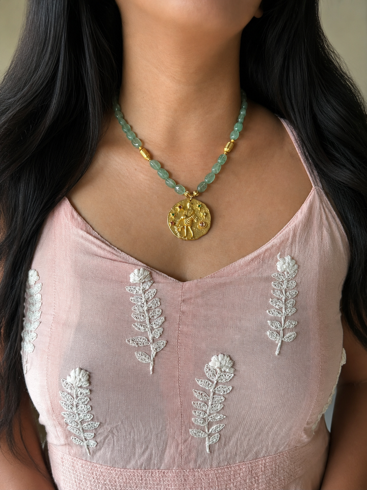 Handmade Aquarius Pendant Necklace with Natural Aventurine | Gold Polish Brass Zodiac Jewelry