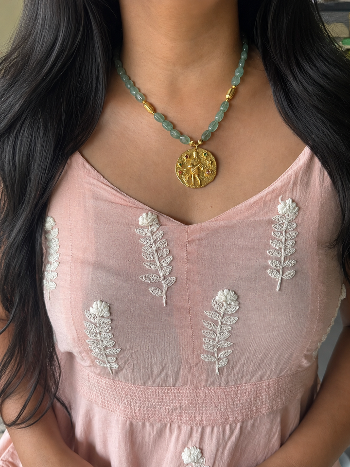 Handmade Aquarius Pendant Necklace with Natural Aventurine | Gold Polish Brass Zodiac Jewelry