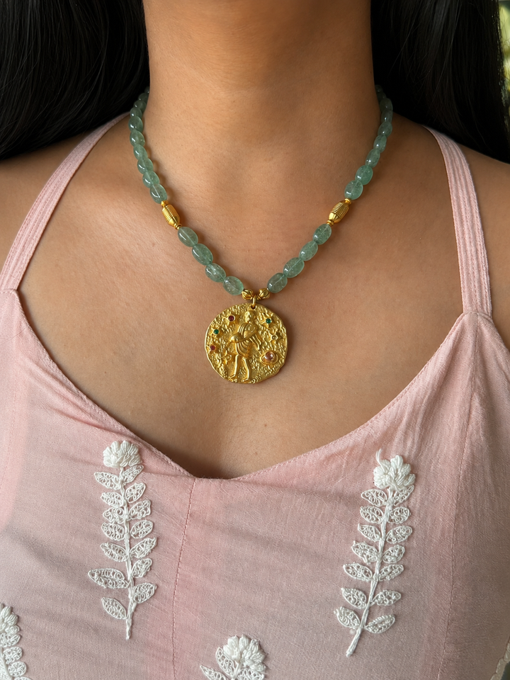 Handmade Aquarius Pendant Necklace with Natural Aventurine | Gold Polish Brass Zodiac Jewelry