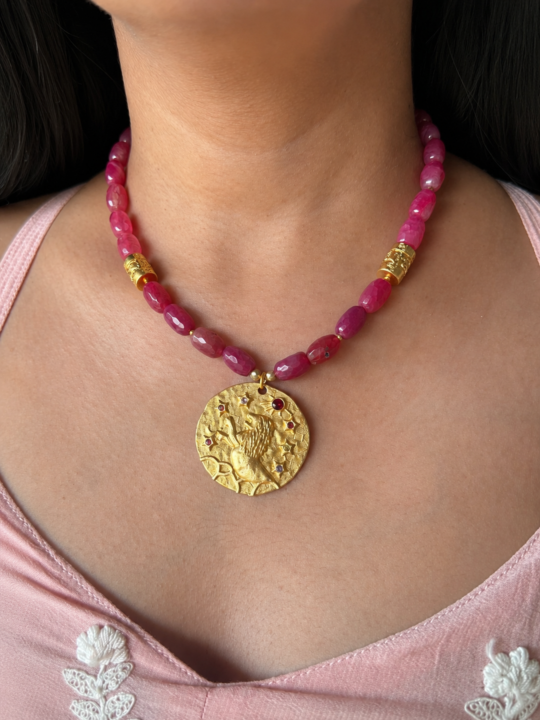 Handmade Leo Pendant Necklace with Natural Aventurine | Gold Polish Brass Short Statement Necklace