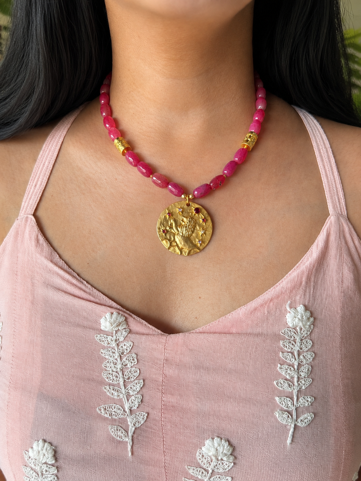 Handmade Leo Pendant Necklace with Natural Aventurine | Gold Polish Brass Short Statement Necklace