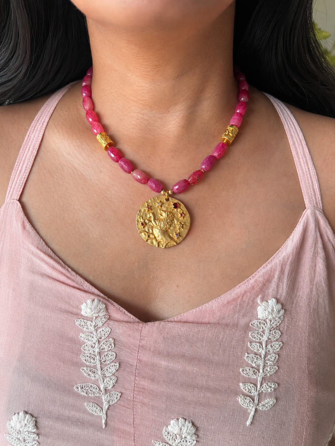 Handmade Leo Pendant Necklace with Natural Aventurine | Gold Polish Brass Short Statement Necklace