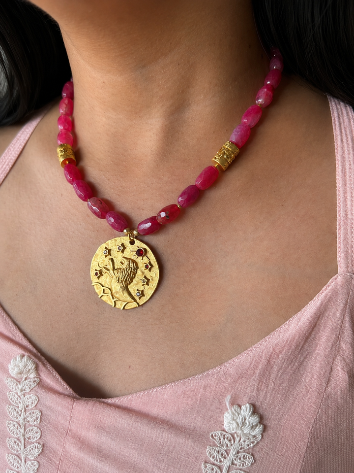 Handmade Leo Pendant Necklace with Natural Aventurine | Gold Polish Brass Short Statement Necklace
