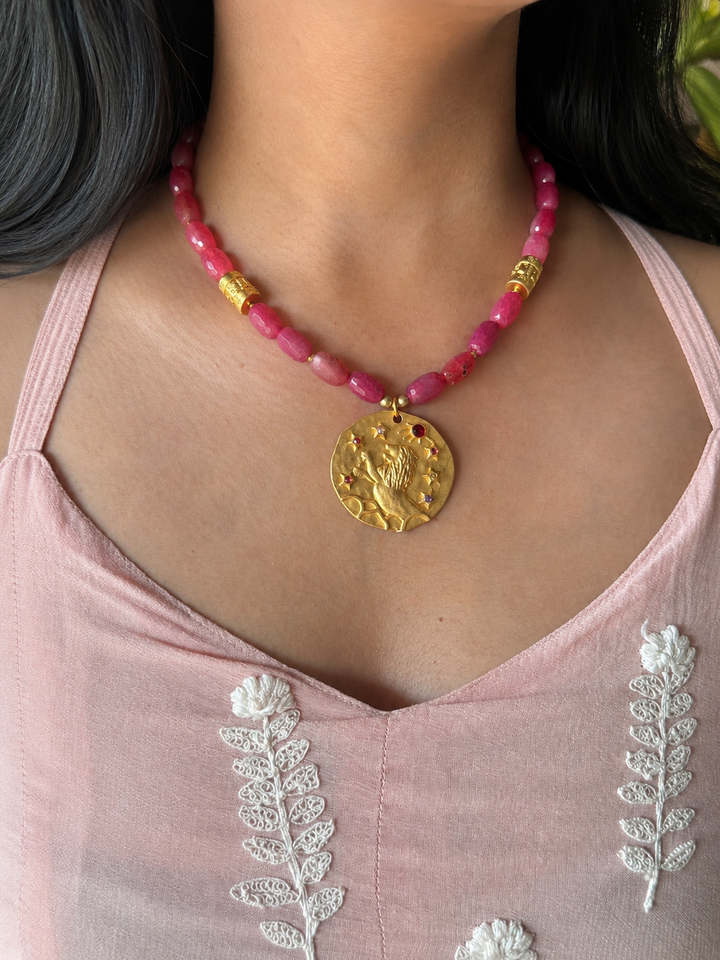 Handmade Leo Pendant Necklace with Natural Aventurine | Gold Polish Brass Short Statement Necklace