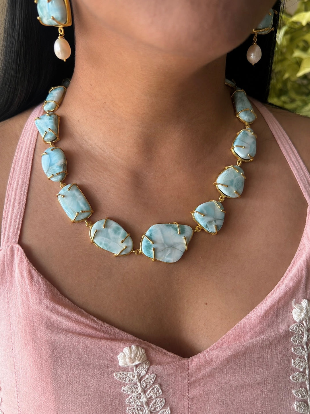 Statement Larimar Stone Necklace Set