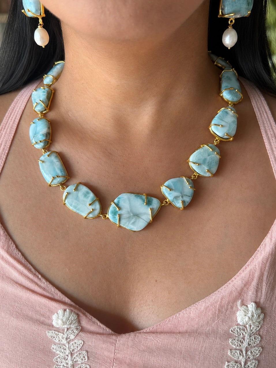 Statement Larimar Stone Necklace Set