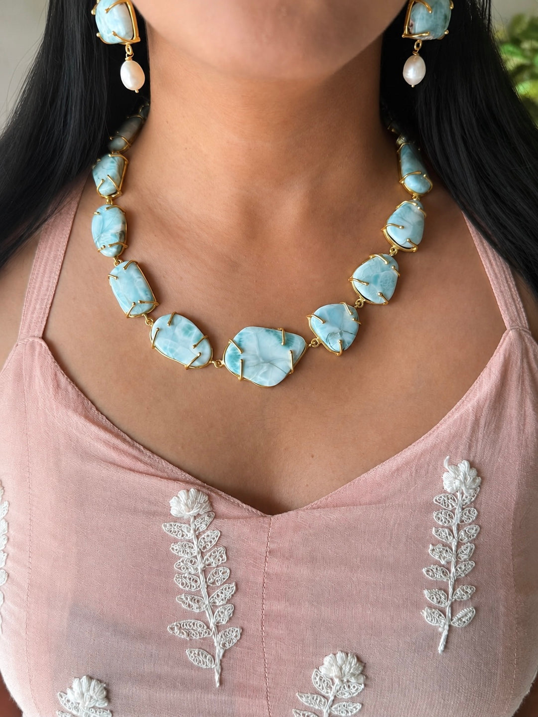 Statement Larimar Stone Necklace Set