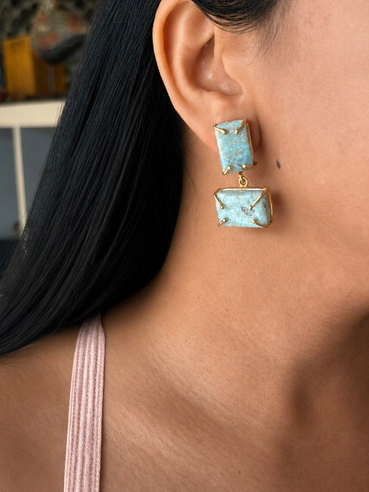 Handmade Natural Larimar Stone Earrings | SHIVKA | Gold Polished Brass | 4x2 cm | 20g Pair | Push Back