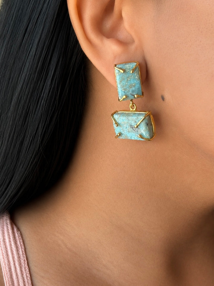 Handmade Natural Larimar Stone Earrings | SHIVKA | Gold Polished Brass | 4x2 cm | 20g Pair | Push Back