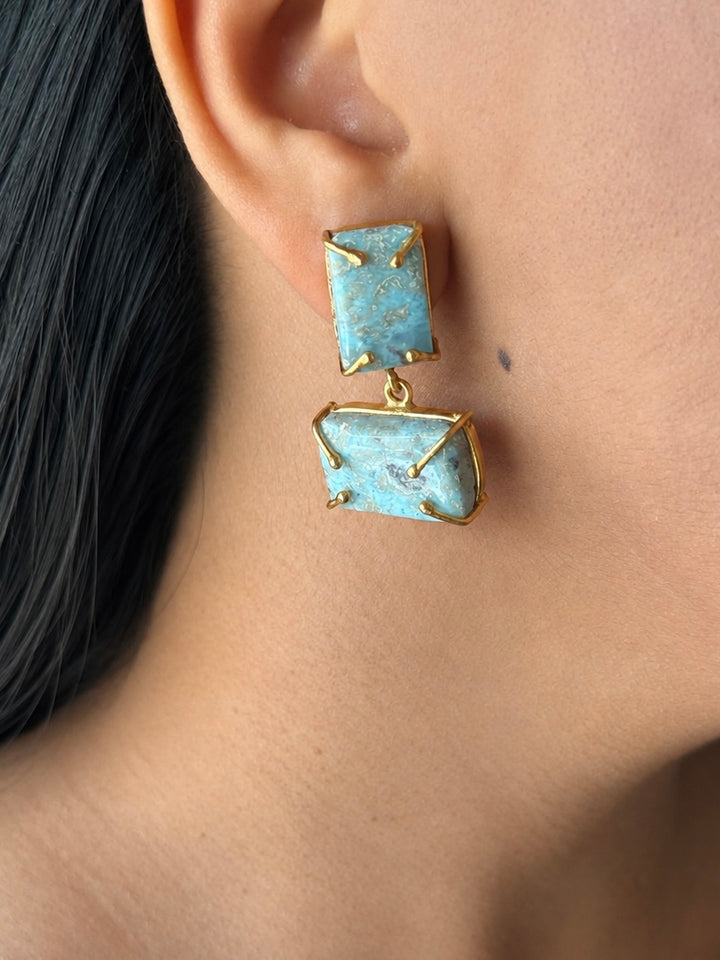 Handmade Natural Larimar Stone Earrings | SHIVKA | Gold Polished Brass | 4x2 cm | 20g Pair | Push Back