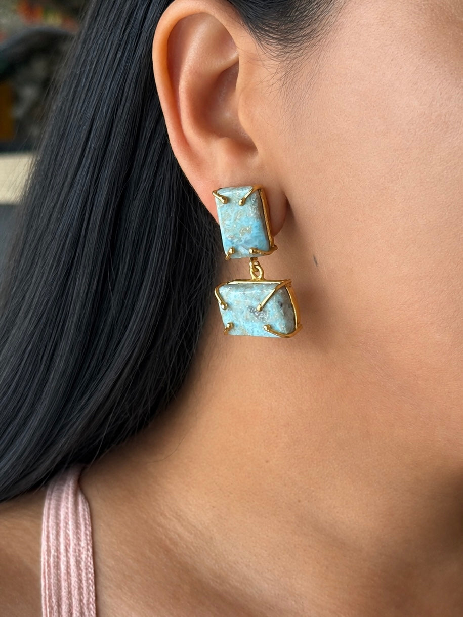 Handmade Natural Larimar Stone Earrings | SHIVKA | Gold Polished Brass | 4x2 cm | 20g Pair | Push Back