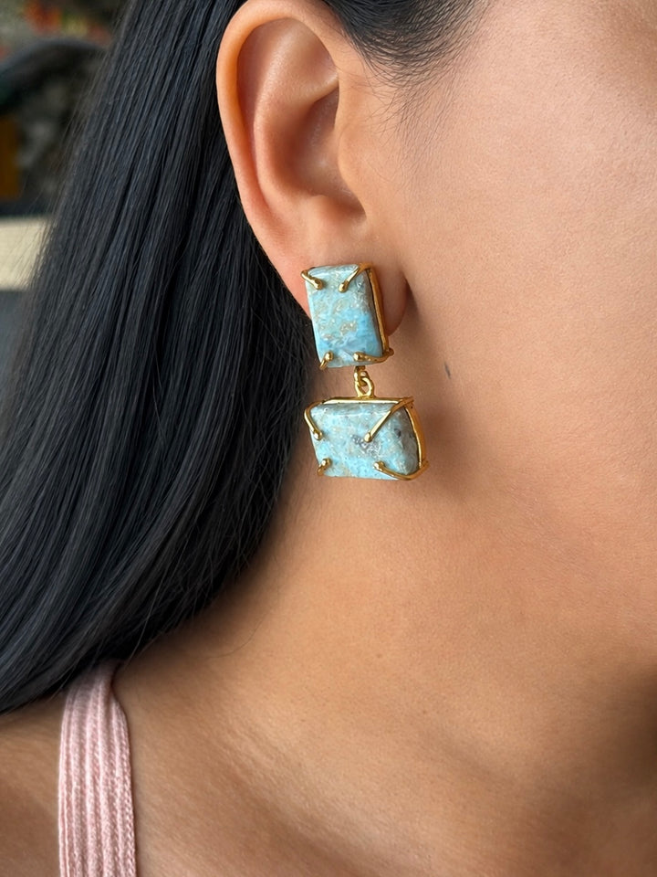 Handmade Natural Larimar Stone Earrings | SHIVKA | Gold Polished Brass | 4x2 cm | 20g Pair | Push Back