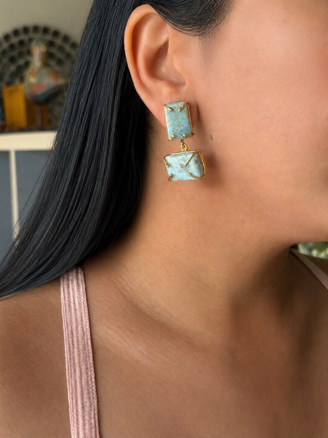 Handmade Natural Larimar Stone Earrings | SHIVKA | Gold Polished Brass | 4x2 cm | 20g Pair | Push Back
