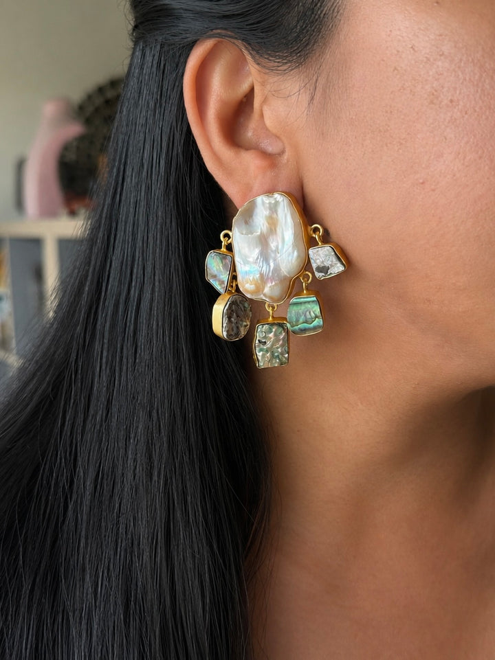 Handmade Brass Earrings with Abalone Shell & Baroque Pearls | Modern Gold Polish Statement Earrings by SHIVKA
