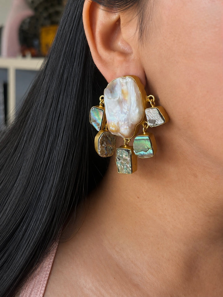 Handmade Brass Earrings with Abalone Shell & Baroque Pearls | Modern Gold Polish Statement Earrings by SHIVKA